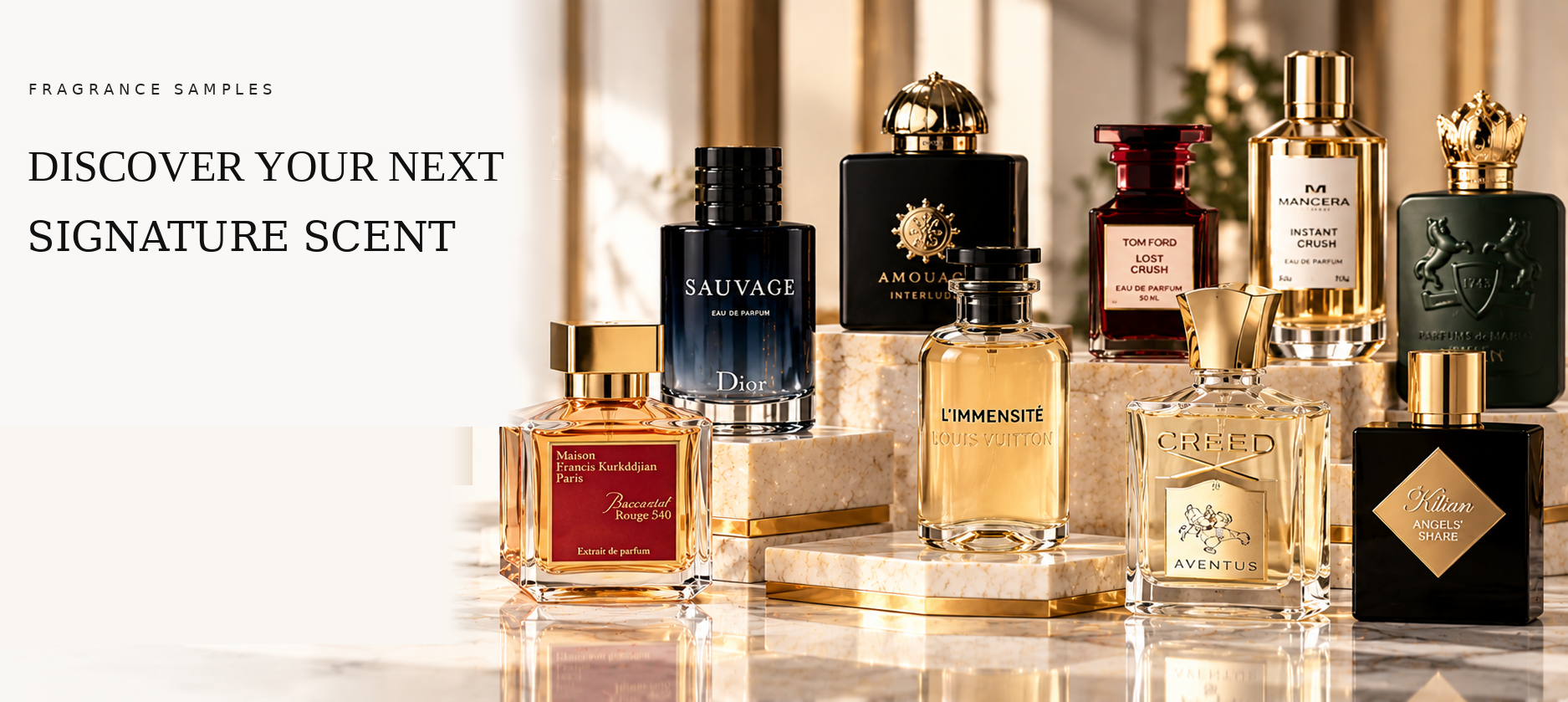 Luxury fragrance samples featuring Maison Francis Kurkdjian, Creed, Dior, Louis Vuitton, Kilian and other niche fragrance houses